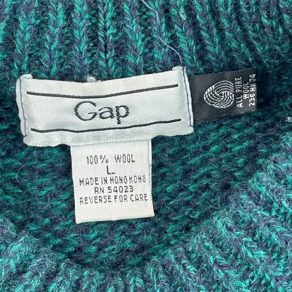 Vintage GAP Sweater Men Large‎ Blue Green 100% Wool Diamond Crew Neck Outdoors - Picture 2 of 7